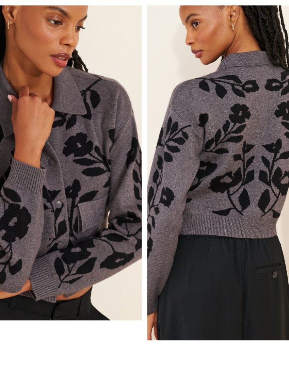 Ellen Tracy Gray Black Floral Knit Button Cardigan Sweater M
